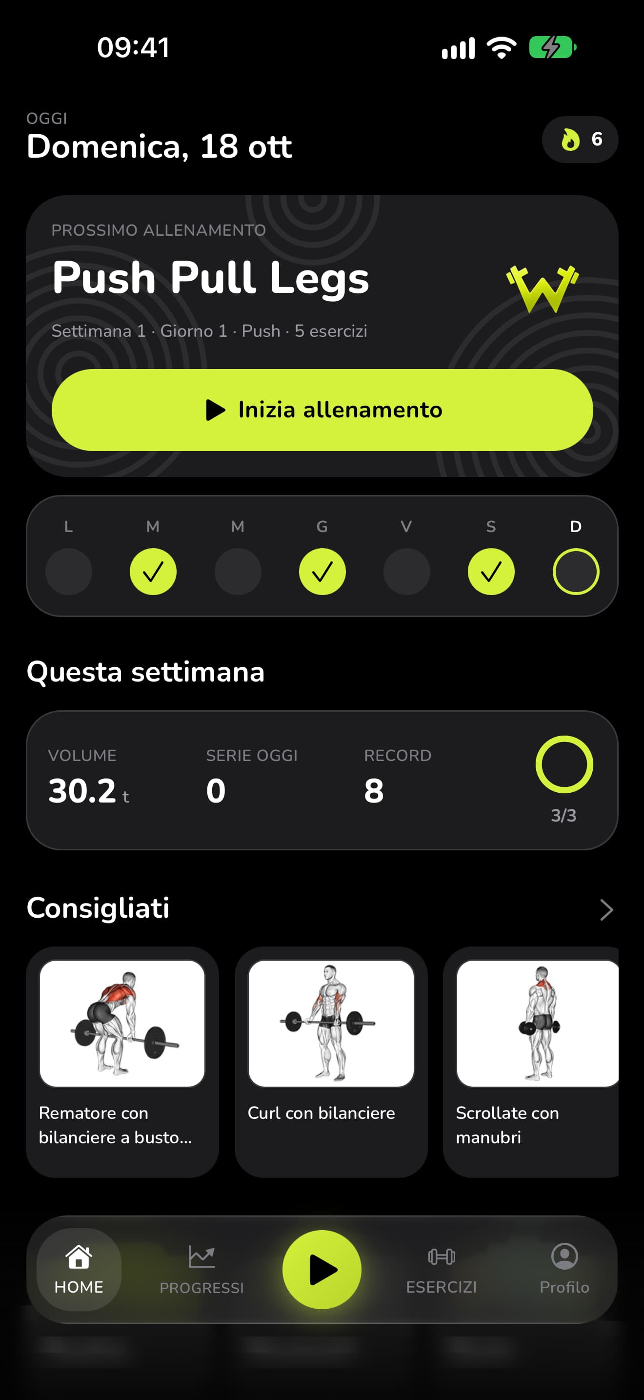 La home di WaveFit: prossimo allenamento Push Pull Legs, Settimana 1 · Giorno 1 · Push, i giorni fatti della settimana, 30,2 t di volume e 8 record questa settimana, l'obiettivo settimanale a 3 su 3 e gli esercizi consigliati.