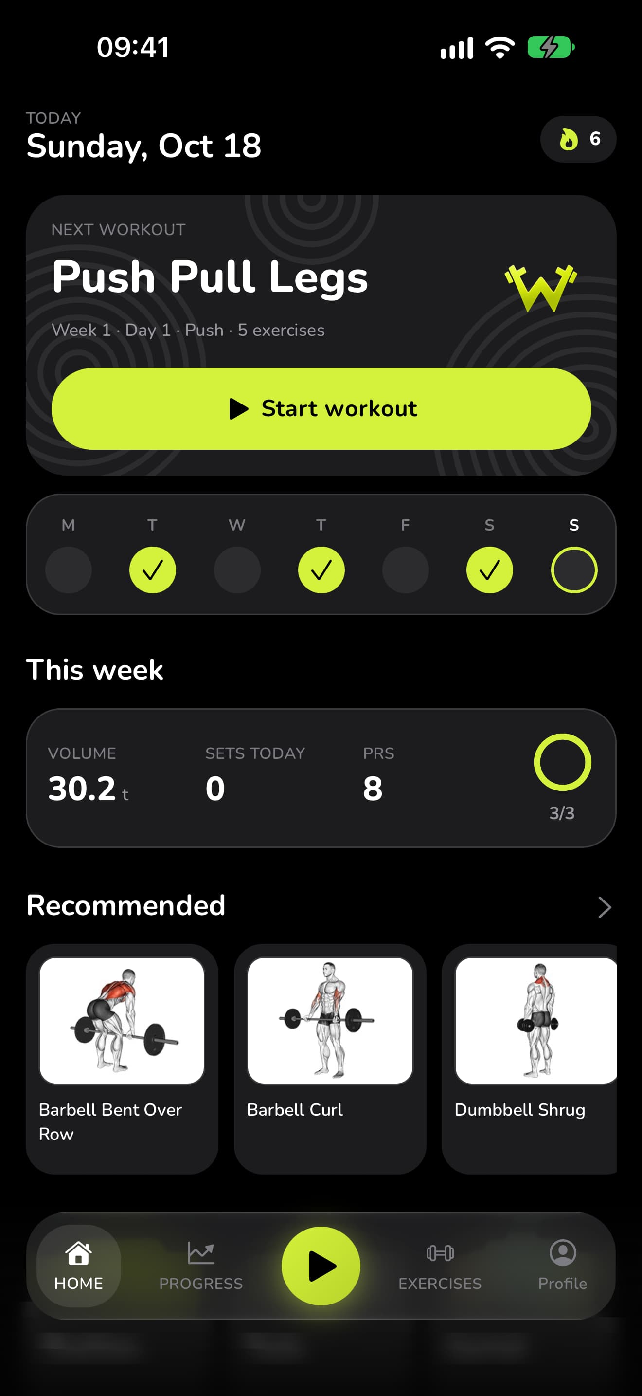 WaveFit's home screen: next workout Push Pull Legs, Week 1 · Day 1 · Push, the week's done days, 30.2 t of volume and 8 records this week, the weekly goal at 3 of 3, and recommended exercises.