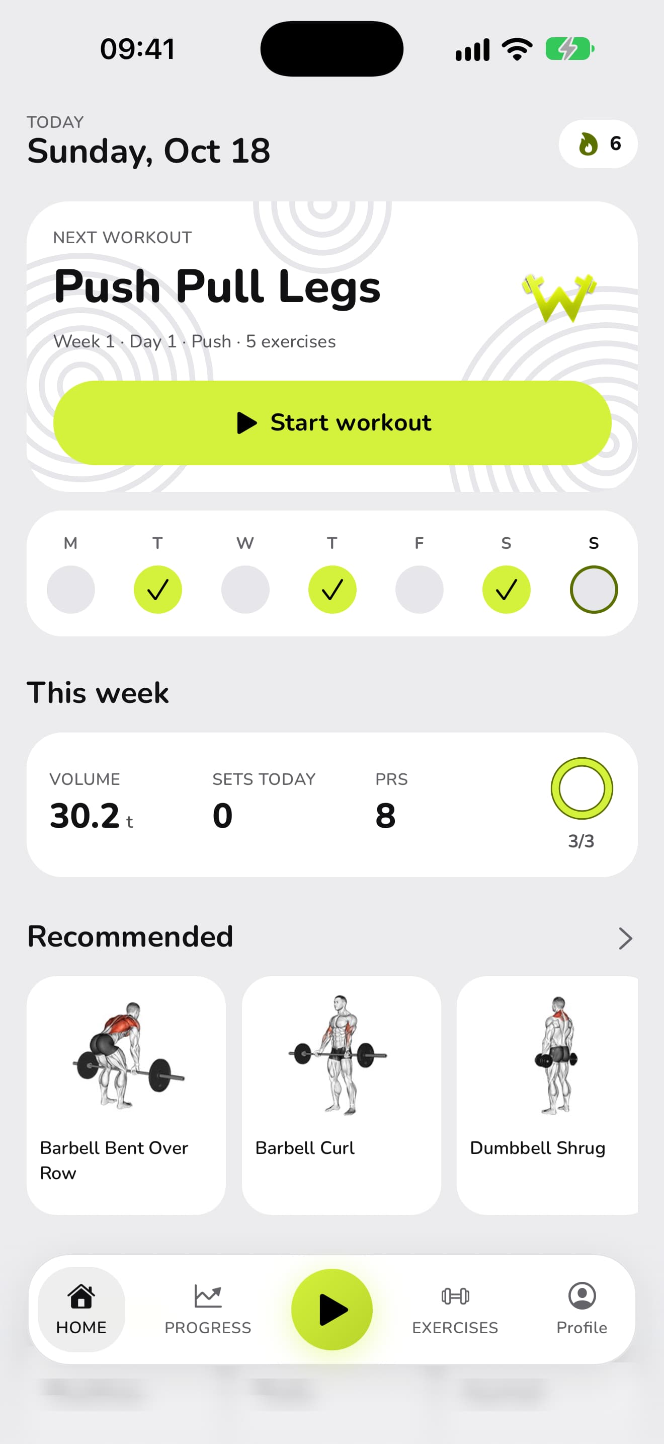WaveFit's home screen: next workout Push Pull Legs, Week 1 · Day 1 · Push, the week's done days, 30.2 t of volume and 8 records this week, the weekly goal at 3 of 3, and recommended exercises.