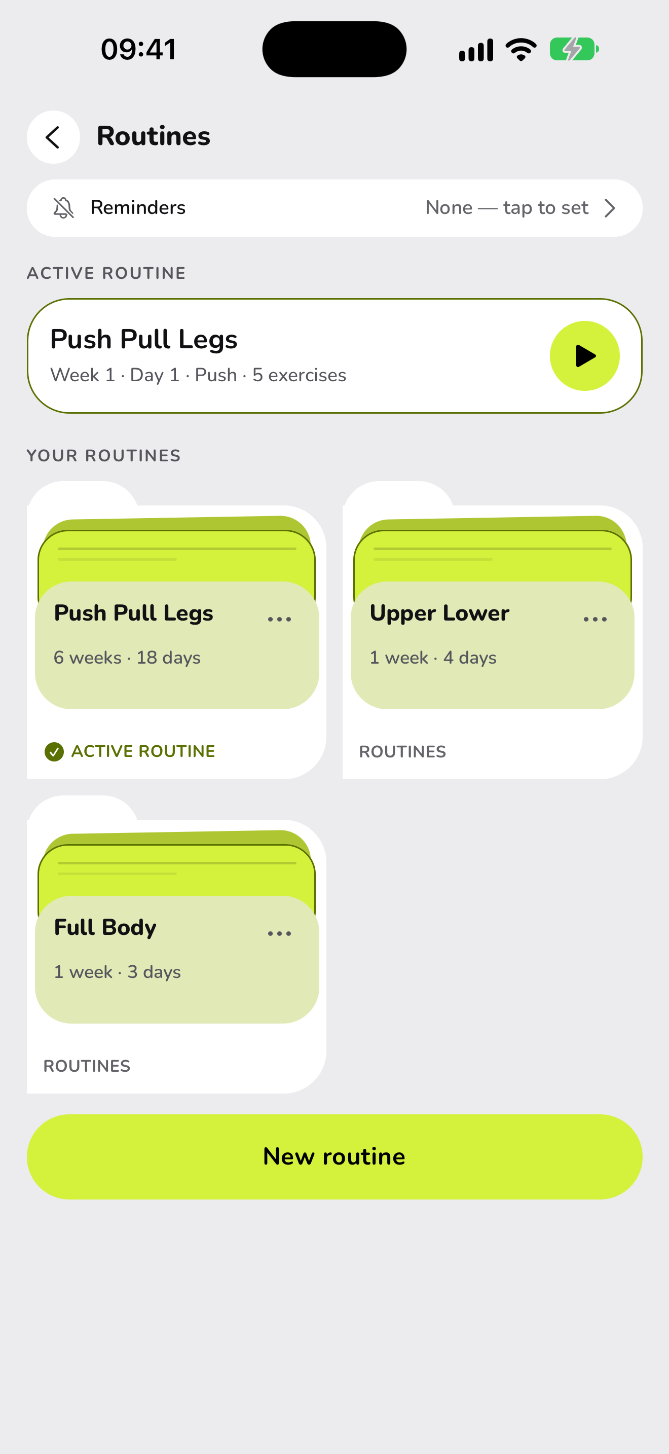 Routines in WaveFit: Push Pull Legs is the active routine, 6 weeks and 18 days, next to Upper Lower and Full Body.