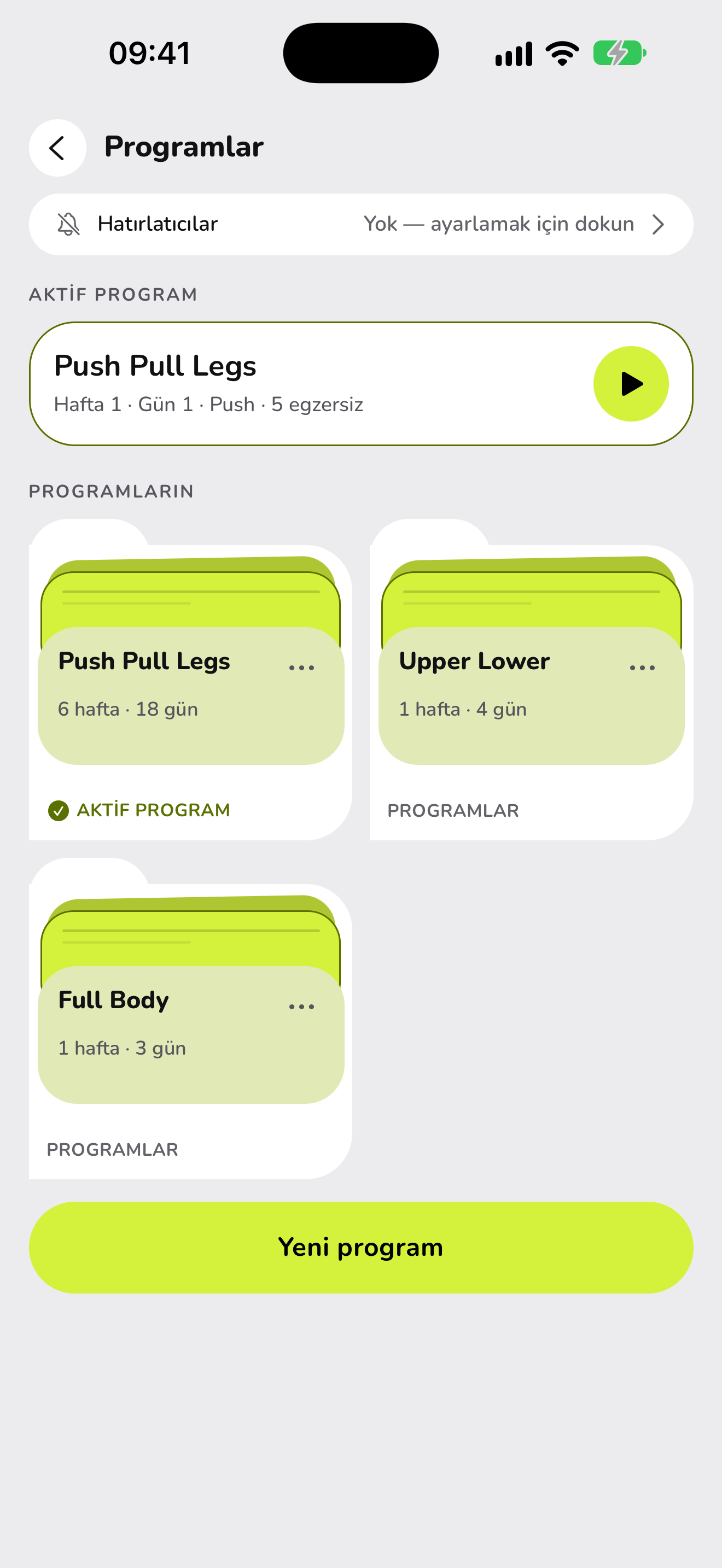 WaveFit'te programlar: aktif program Push Pull Legs, 6 hafta ve 18 gün; yanında Upper Lower ve Full Body.