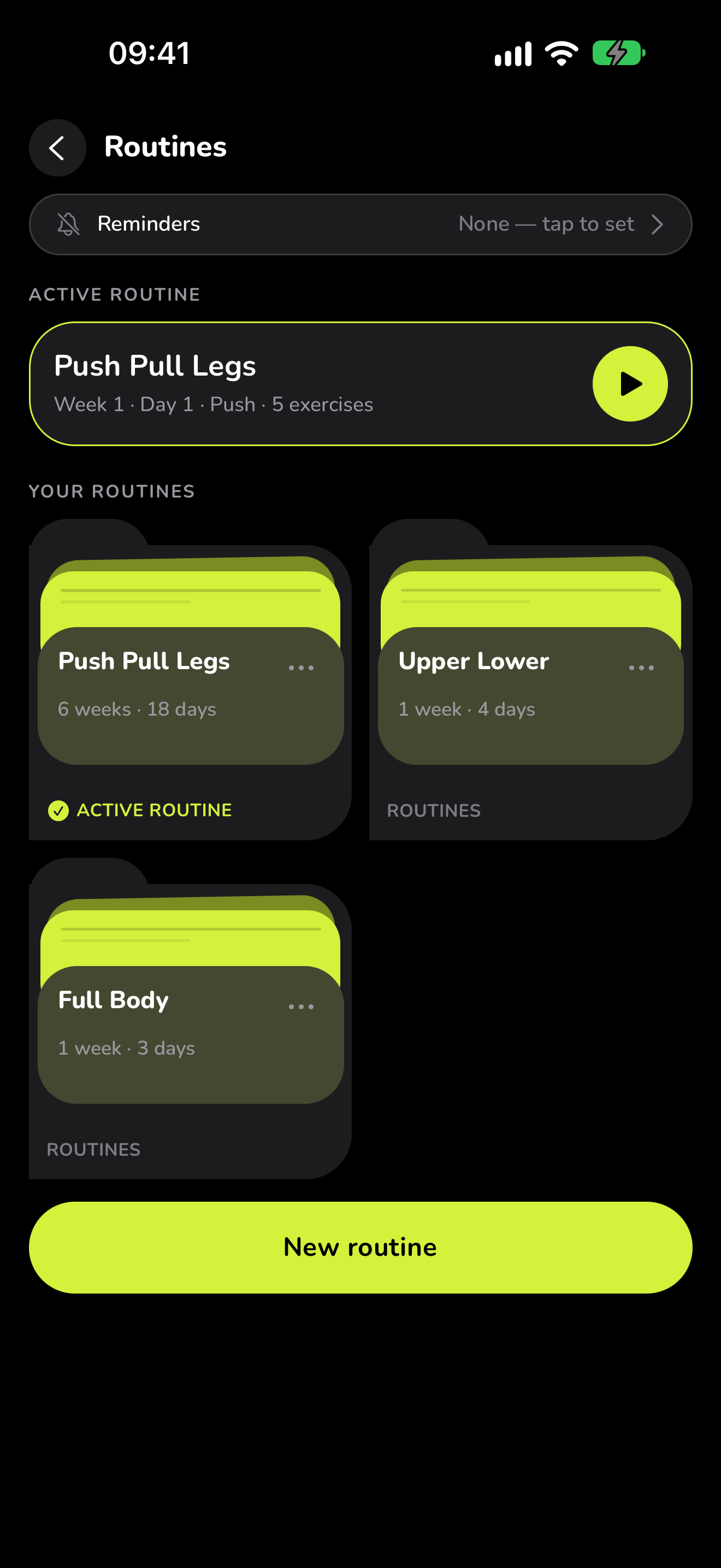 Routines in WaveFit: Push Pull Legs is the active routine, 6 weeks and 18 days, next to Upper Lower and Full Body.