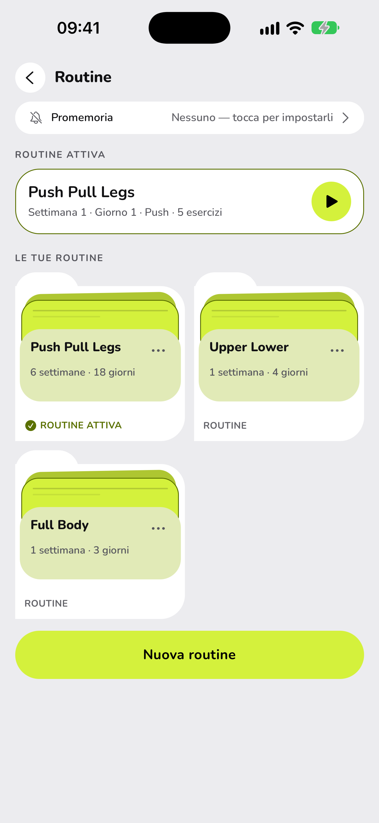 Le routine in WaveFit: Push Pull Legs è la routine attiva, 6 settimane e 18 giorni, accanto a Upper Lower e Full Body.