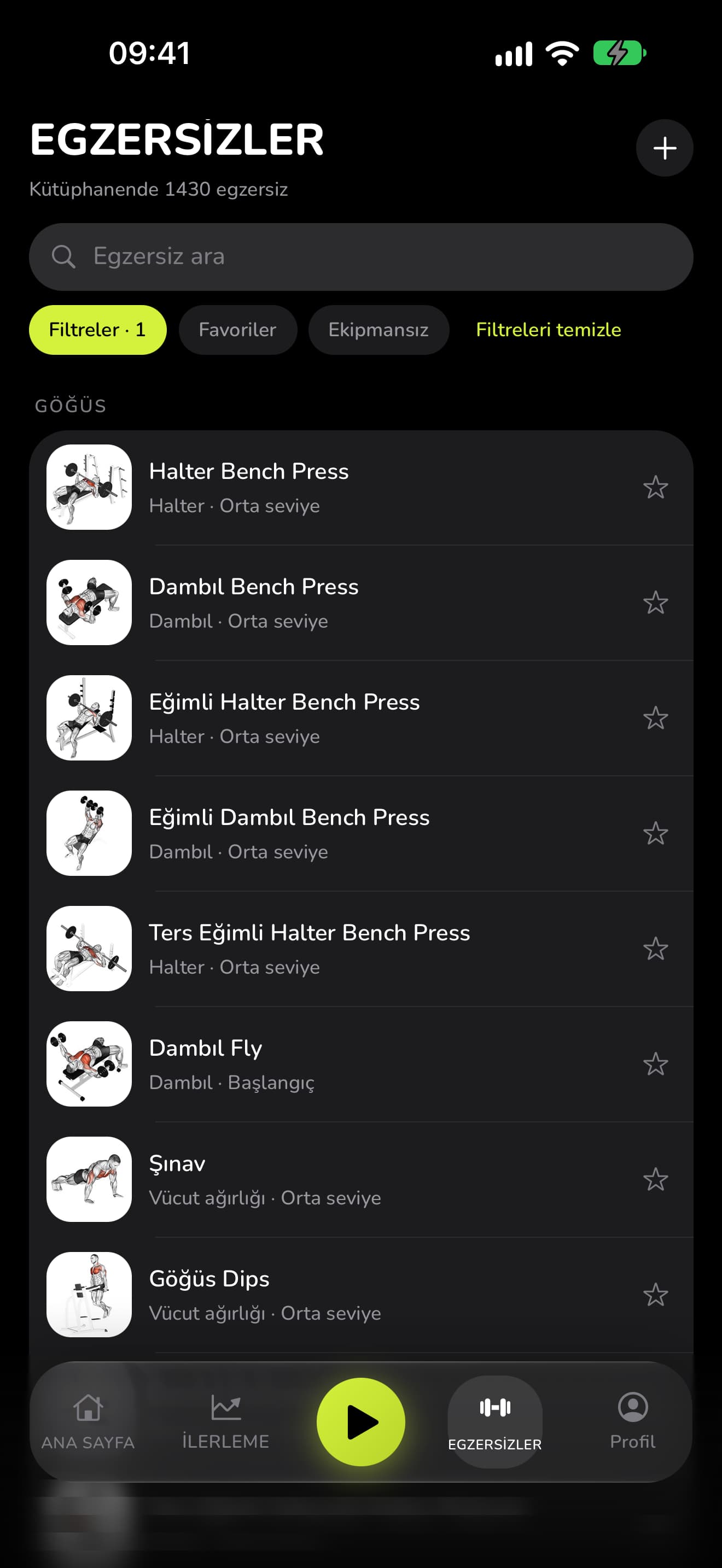 WaveFit egzersiz kütüphanesi: 1430 egzersiz, filtreler ve çizimleriyle göğüs egzersizleri.