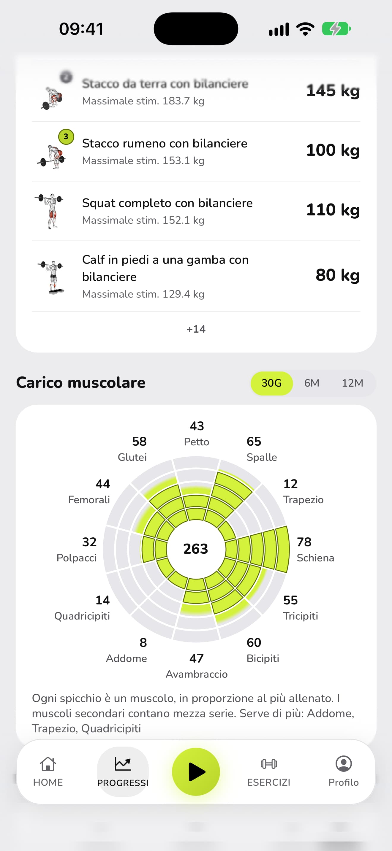 La ruota del carico muscolare di WaveFit: 263 serie in 30 giorni, muscolo per muscolo. Serve di più: addome, trapezio, quadricipiti.