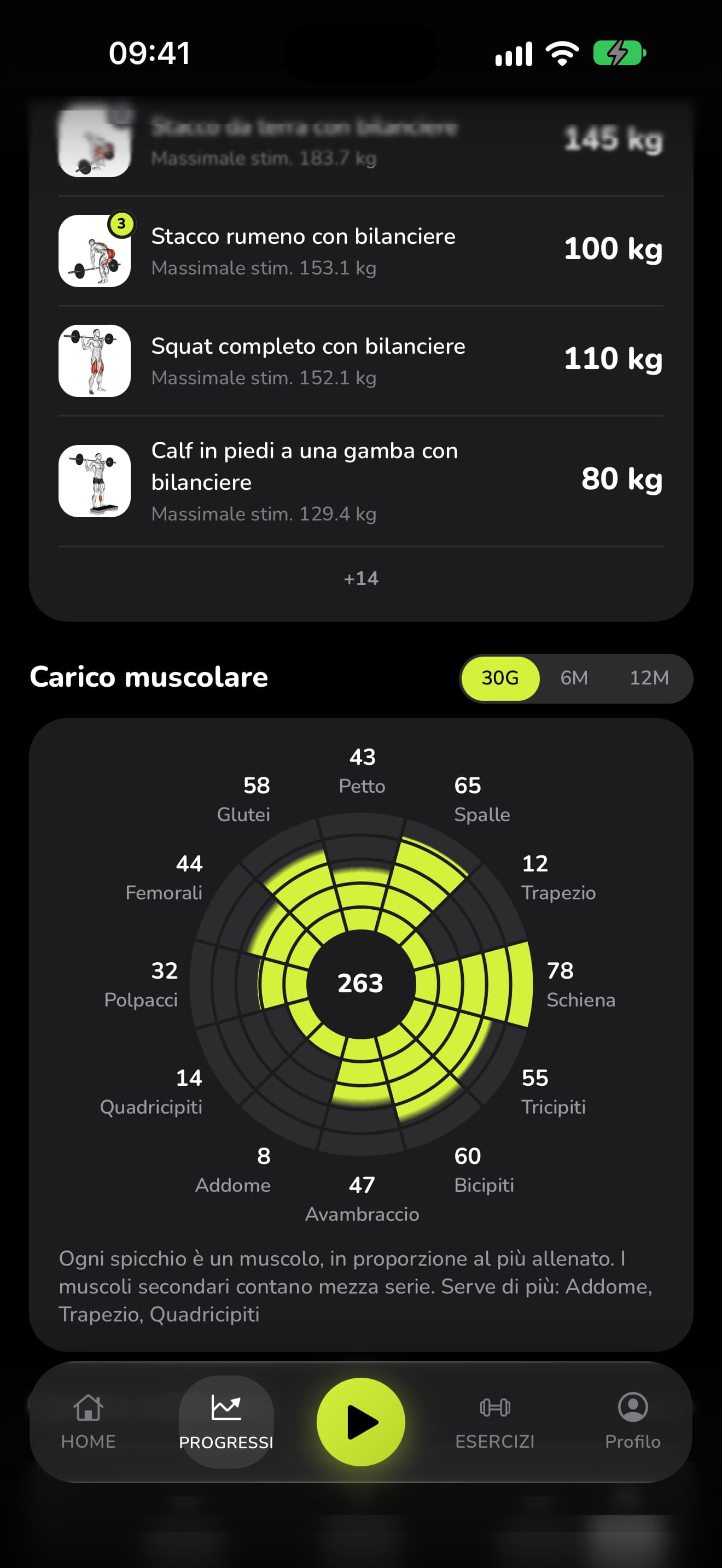 La ruota del carico muscolare di WaveFit: 263 serie in 30 giorni, muscolo per muscolo. Serve di più: addome, trapezio, quadricipiti.