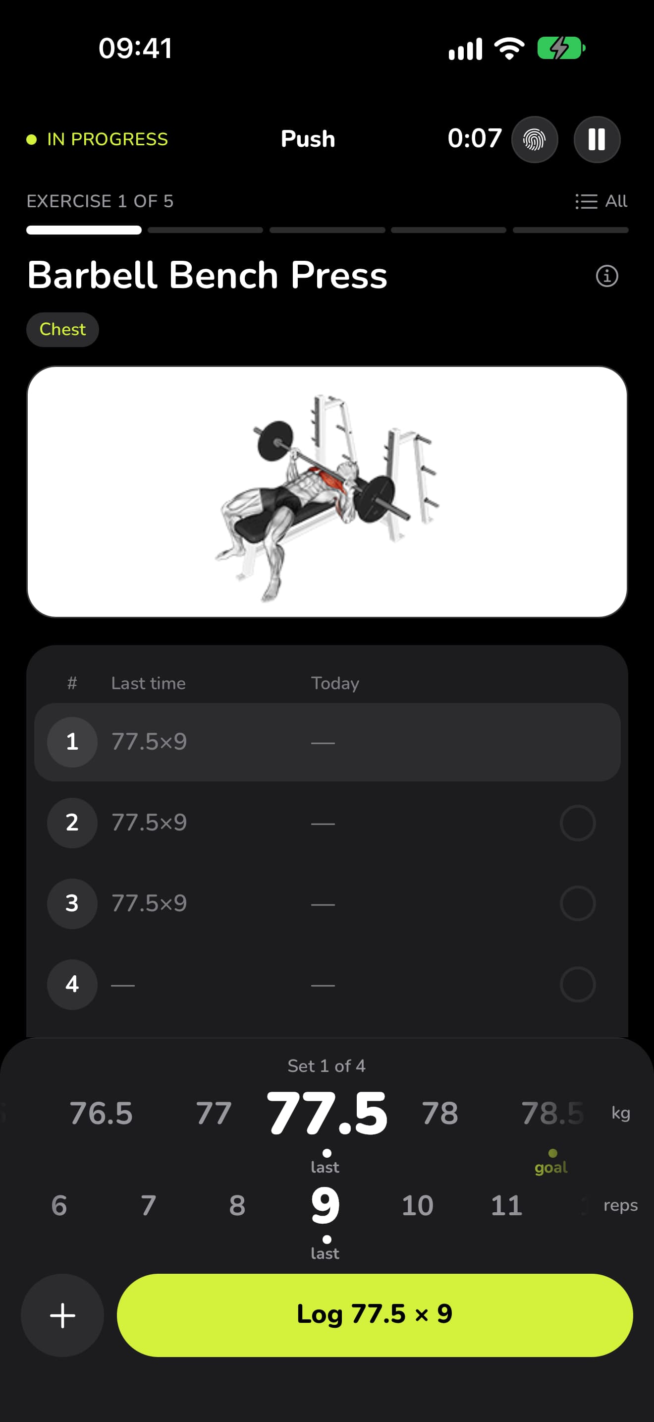 The first set of the bench press in WaveFit: last time's sets beside today's, and the weight and reps dials marking last time and the goal.