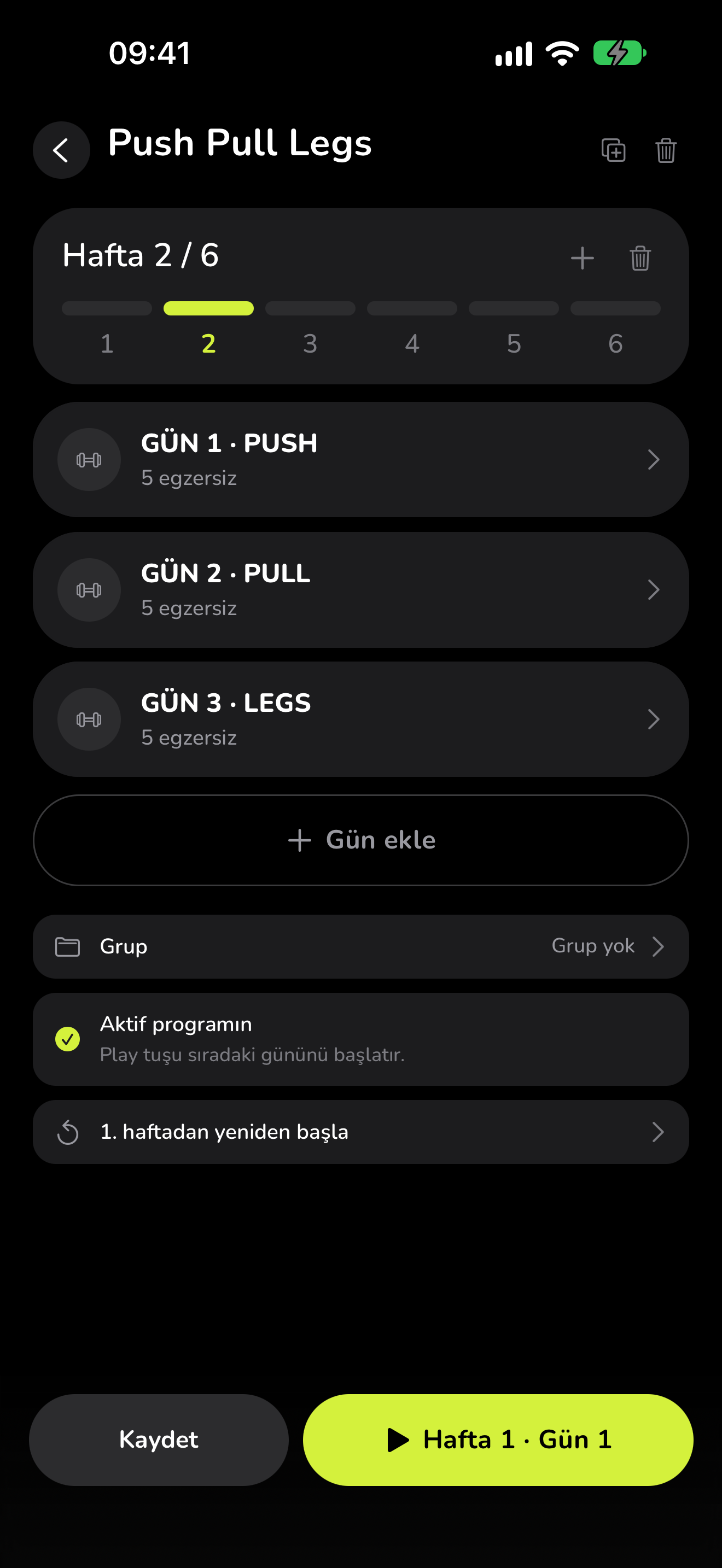 WaveFit program düzenleyicisi: Push Pull Legs, hafta 2 / 6, Push, Pull ve Legs günleriyle.