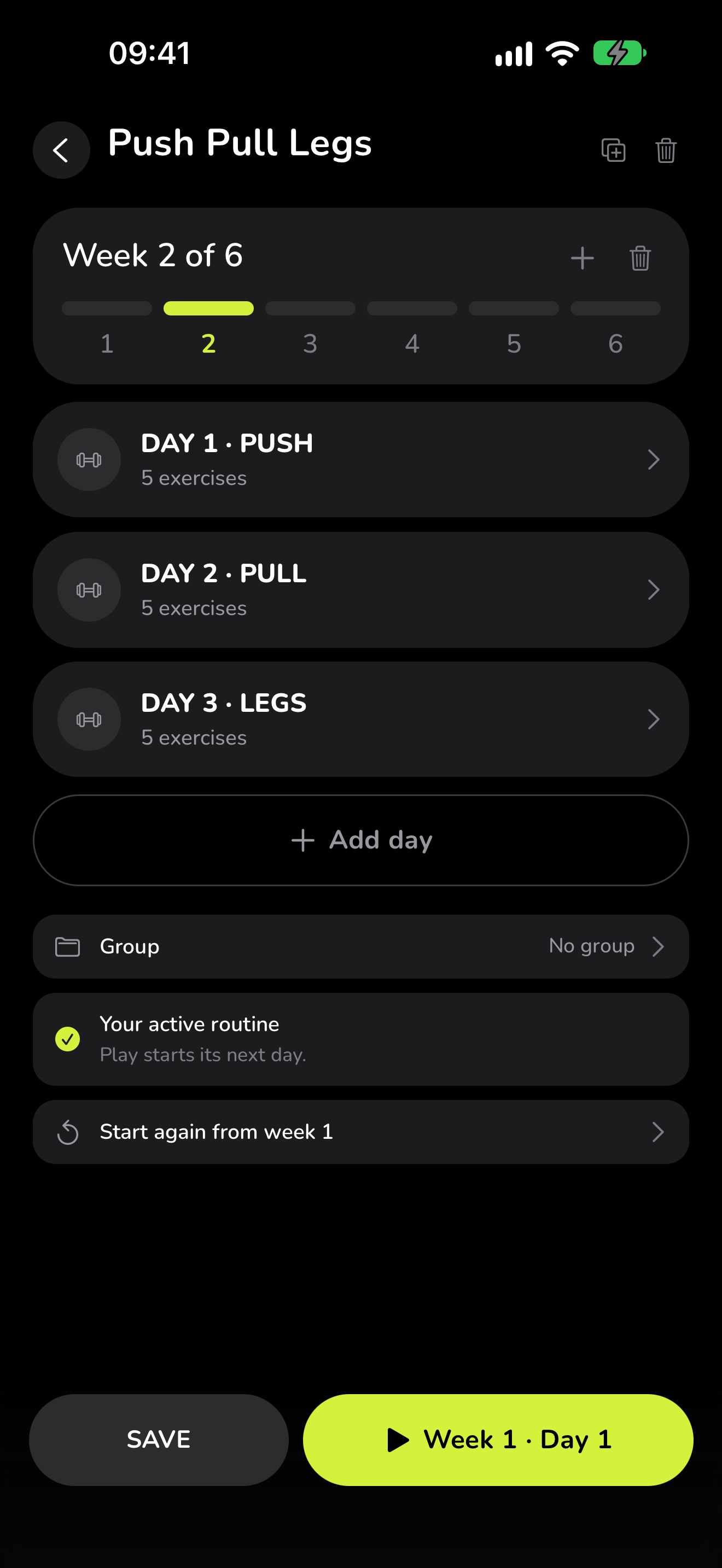 WaveFit's routine editor: Push Pull Legs, week 2 of 6, with its Push, Pull and Legs days.