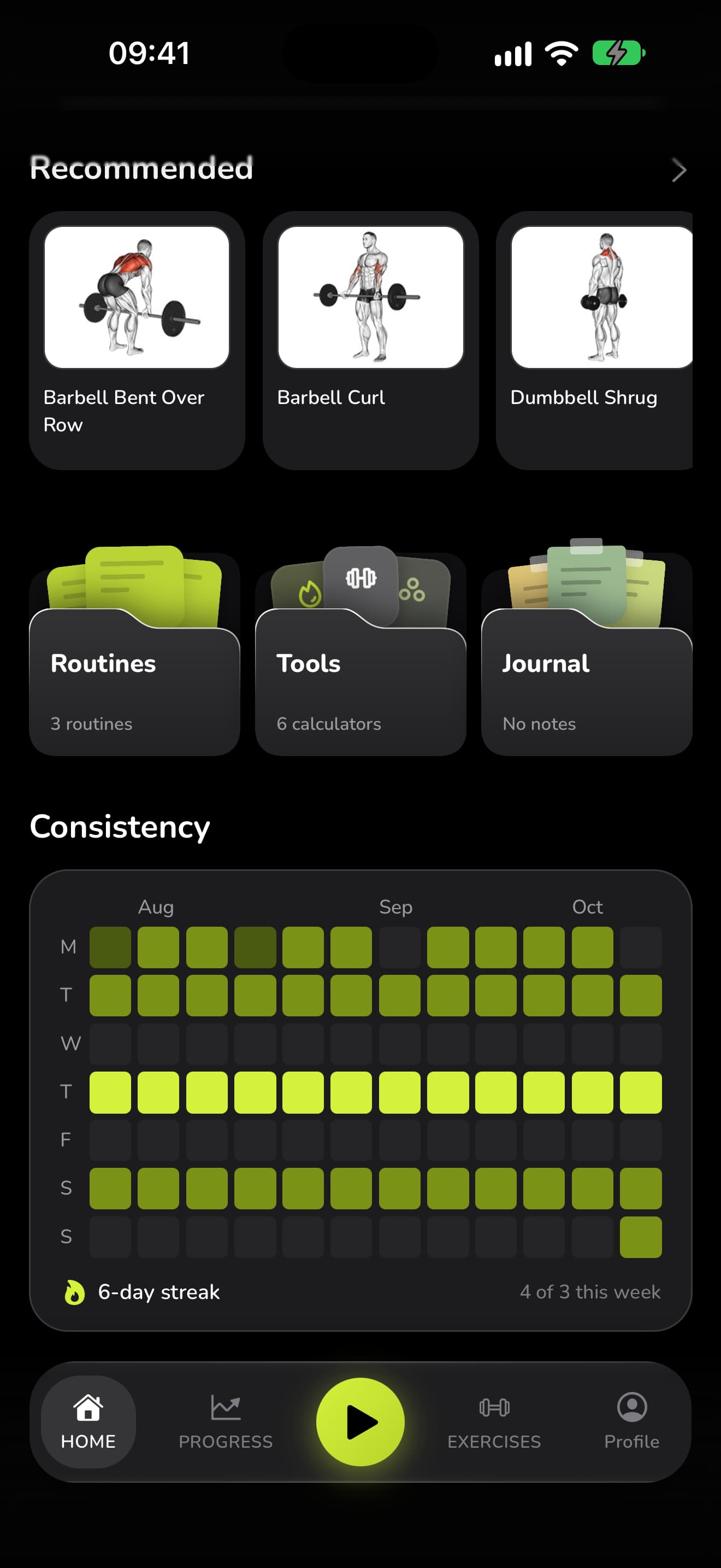 WaveFit's home screen: the consistency heatmap from August to October, a 6-day streak, and 4 of 3 workouts this week.