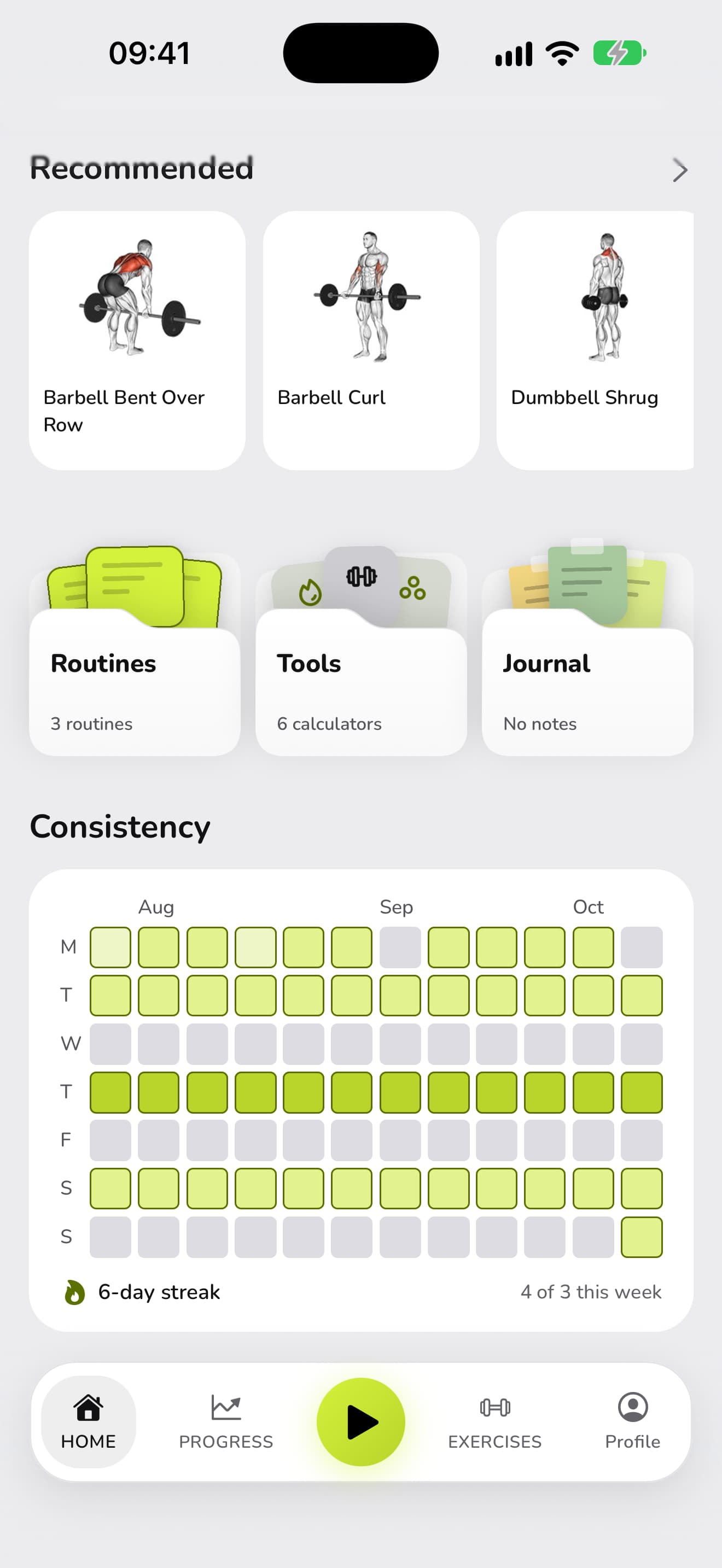 WaveFit's home screen: the consistency heatmap from August to October, a 6-day streak, and 4 of 3 workouts this week.