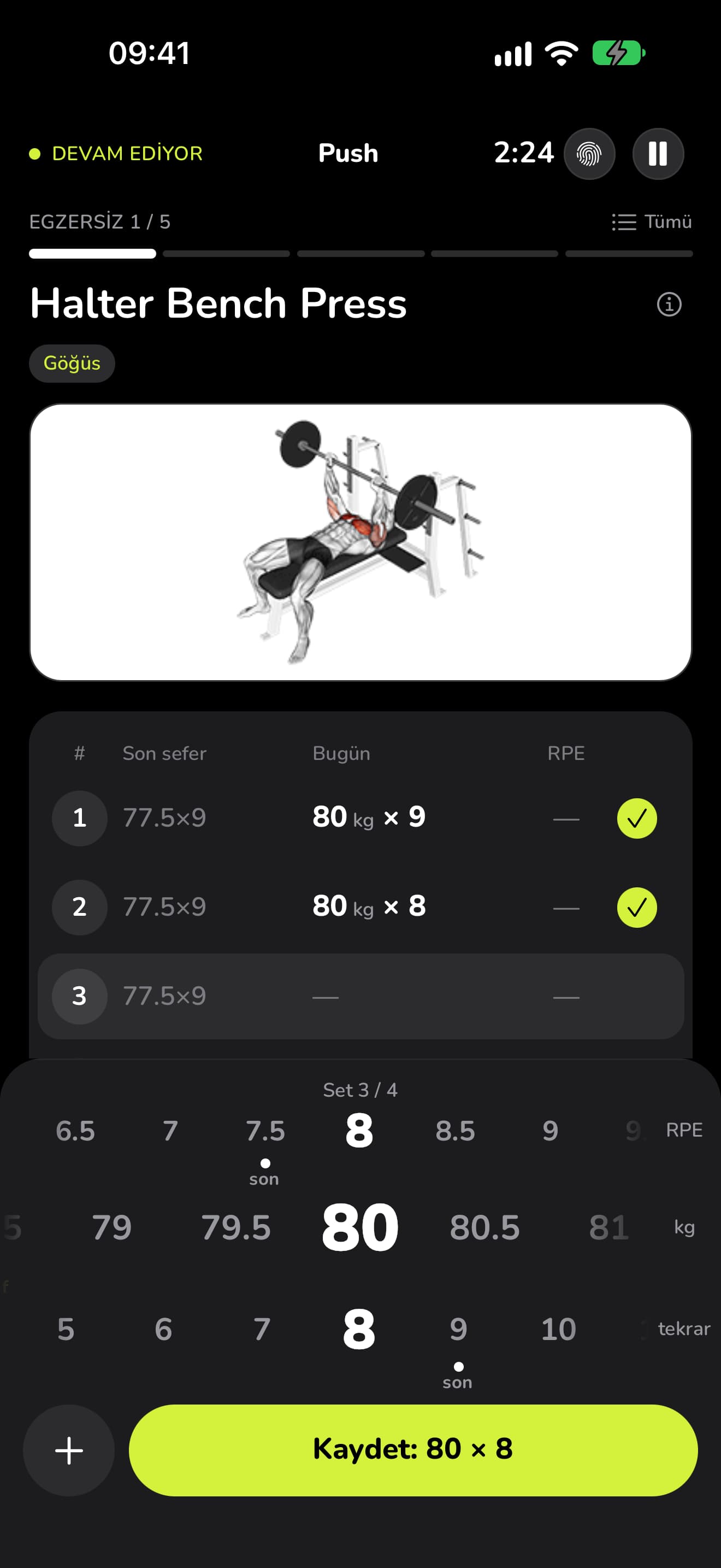 WaveFit'te 8'de duran RPE çarkı, ağırlık ve tekrar çarklarının üstünde.