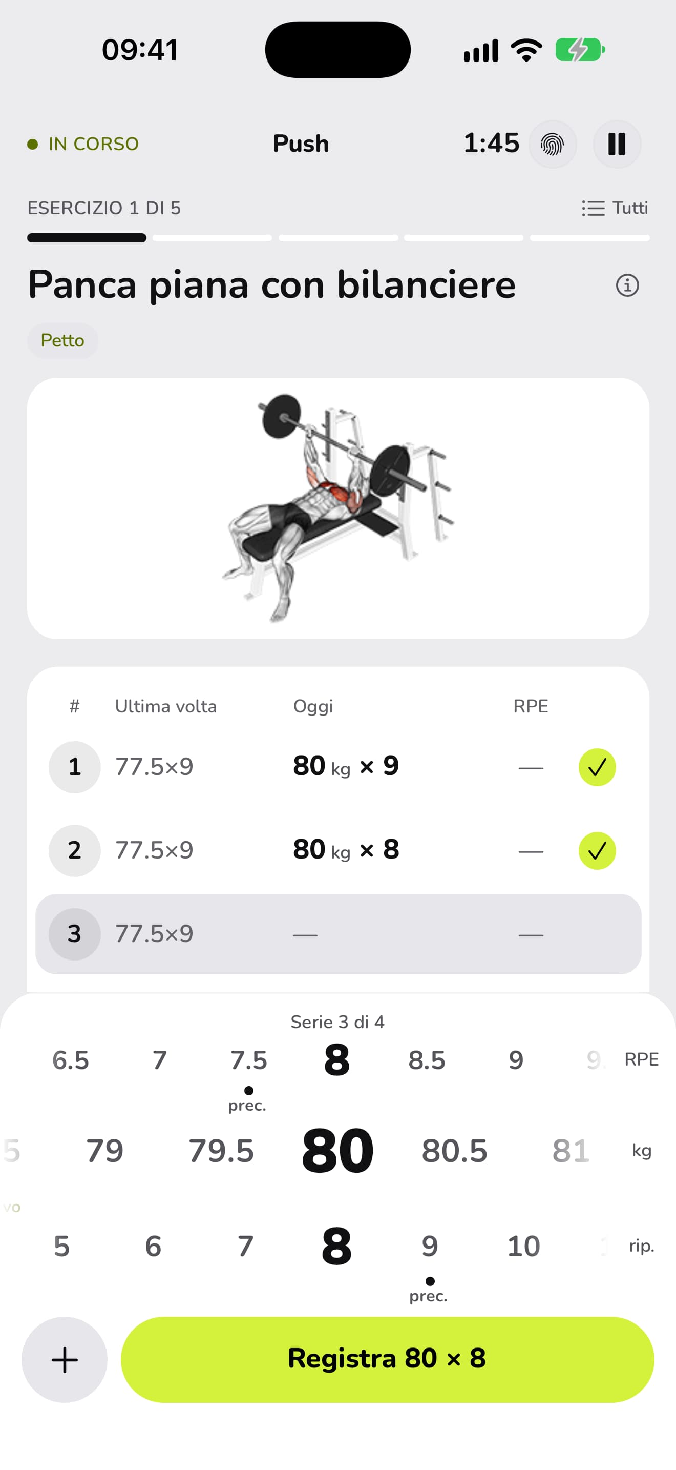 La rotella dell'RPE in WaveFit, su 8, sopra quelle di peso e ripetizioni.