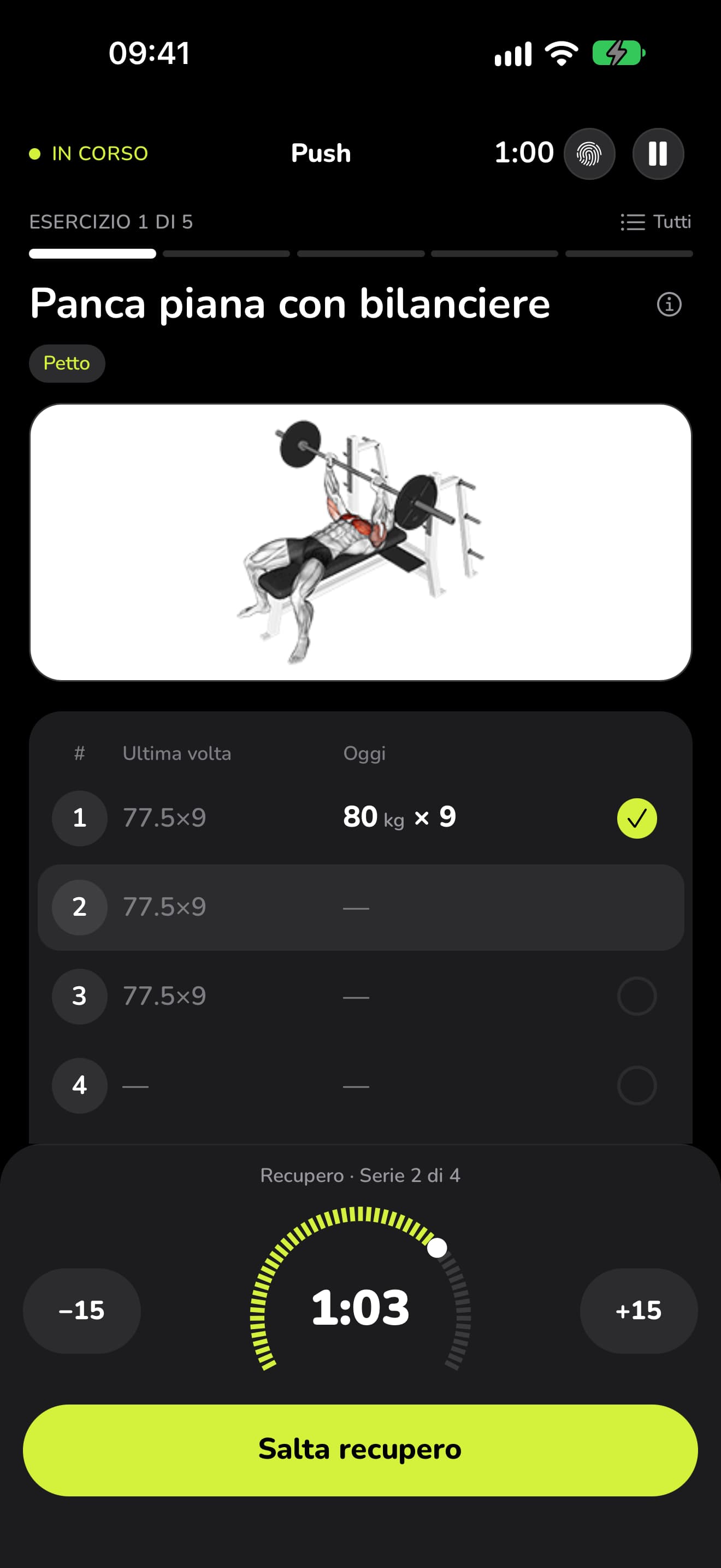 Il timer di recupero di WaveFit che scorre dopo una serie da 80 kg × 9.