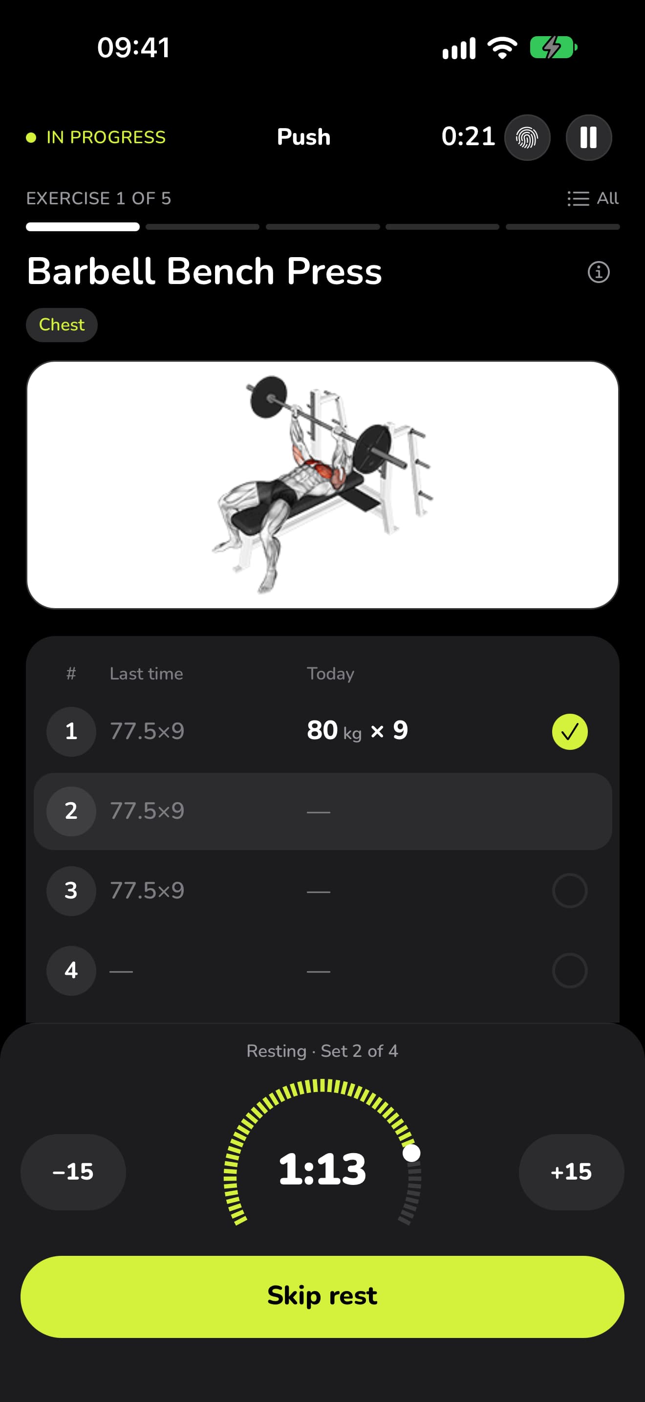 WaveFit's rest timer counting down after a set of 80 kg × 9.