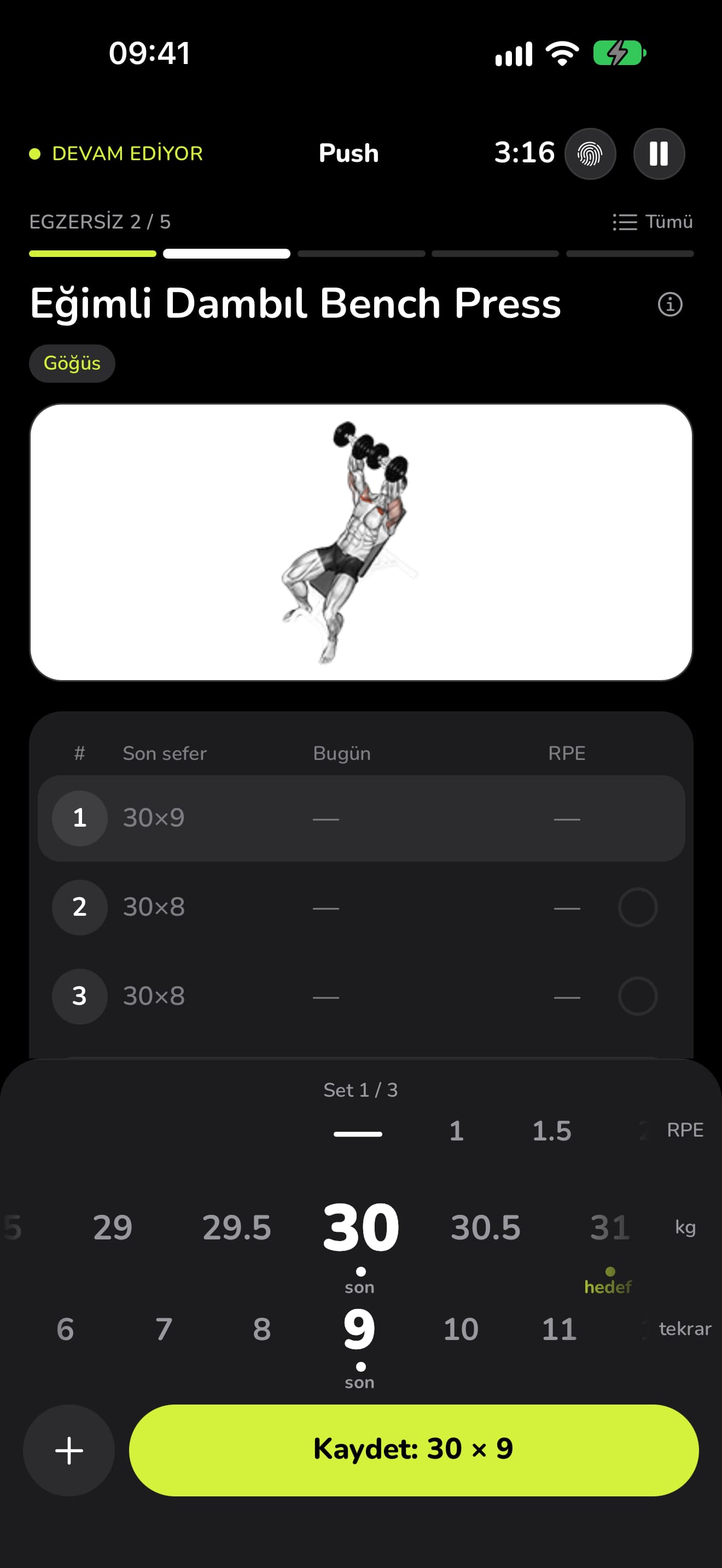 WaveFit'te bir antrenmanın ikinci egzersizi, Eğimli Dambıl Bench Press, animasyonu ve son seferin setleriyle.
