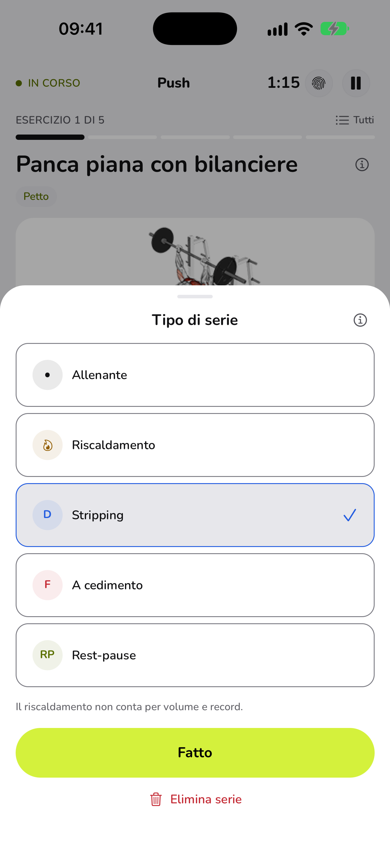 I tipi di serie in WaveFit: allenante, riscaldamento, stripping, a cedimento e rest-pause.