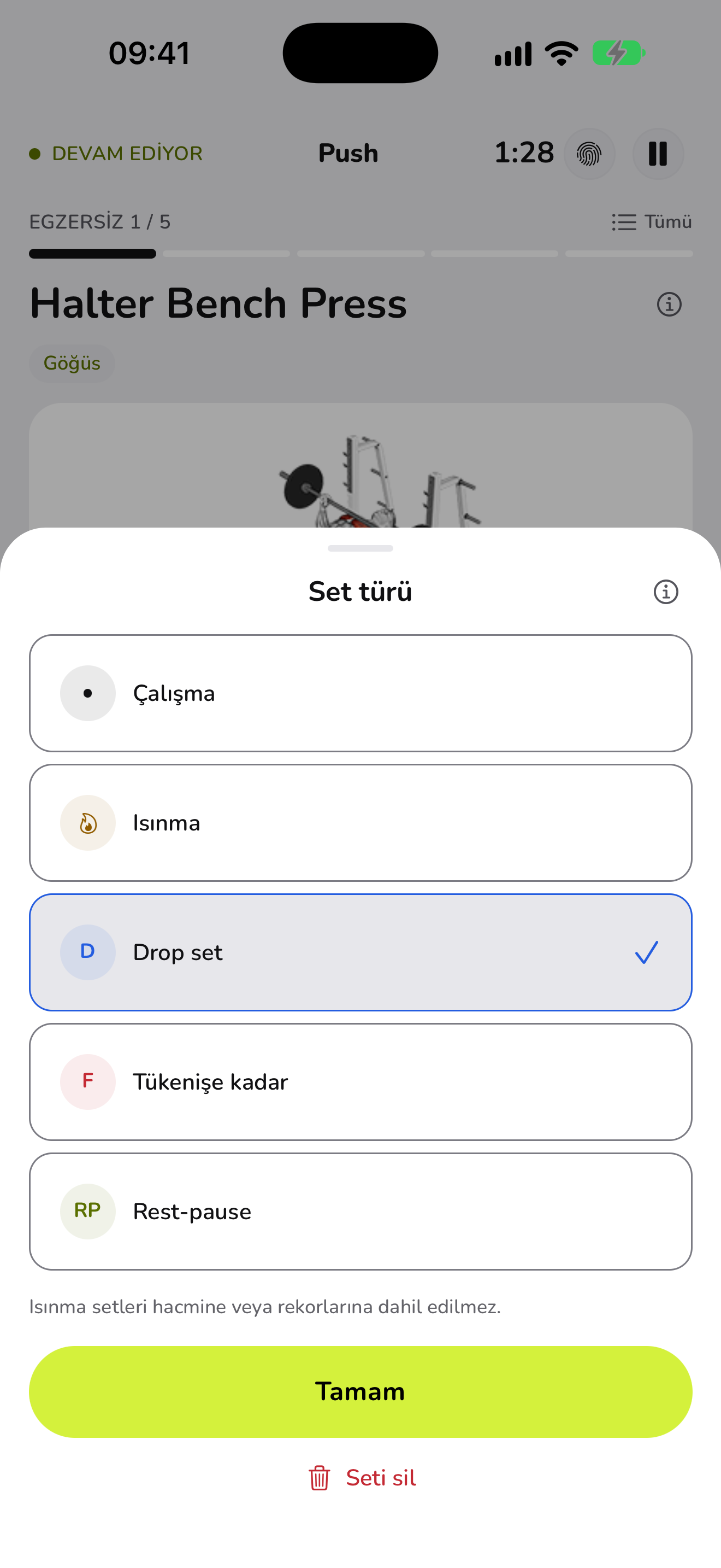 WaveFit'te set türleri: çalışma, ısınma, drop set, tükenişe kadar ve rest-pause.