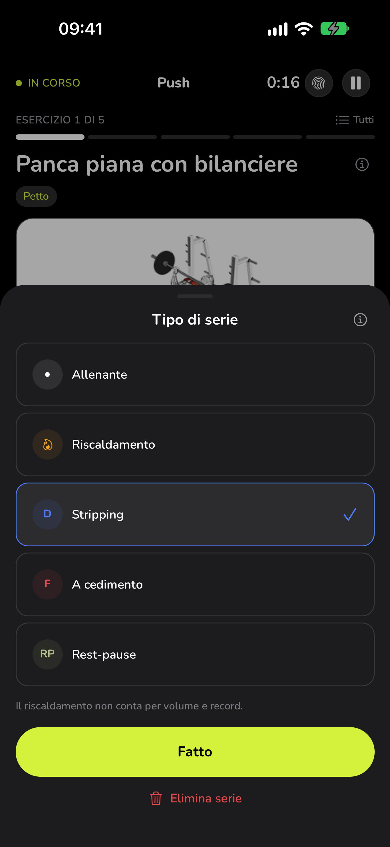 I tipi di serie in WaveFit: allenante, riscaldamento, stripping, a cedimento e rest-pause.