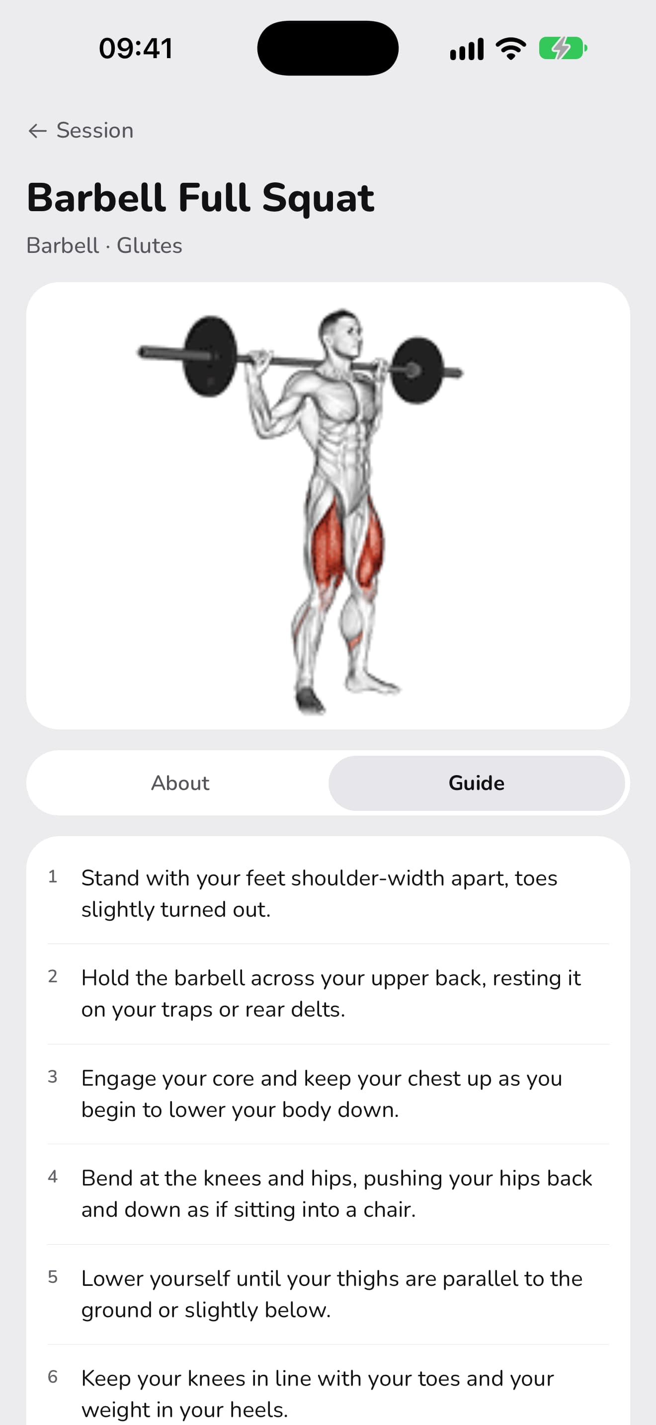 The Barbell Full Squat page in WaveFit, with its animation and numbered steps.