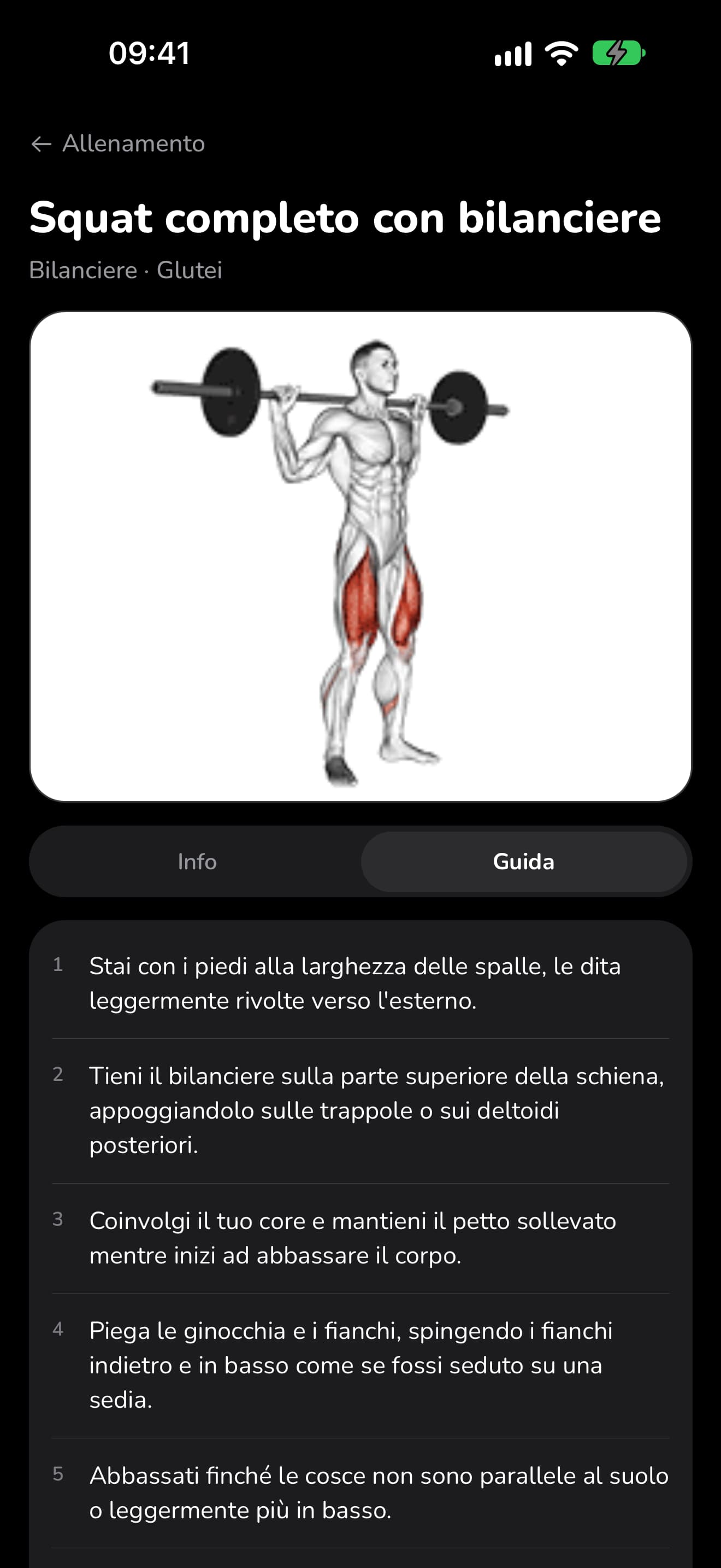 La pagina dello Squat completo con bilanciere in WaveFit, con la sua animazione e i passaggi numerati.