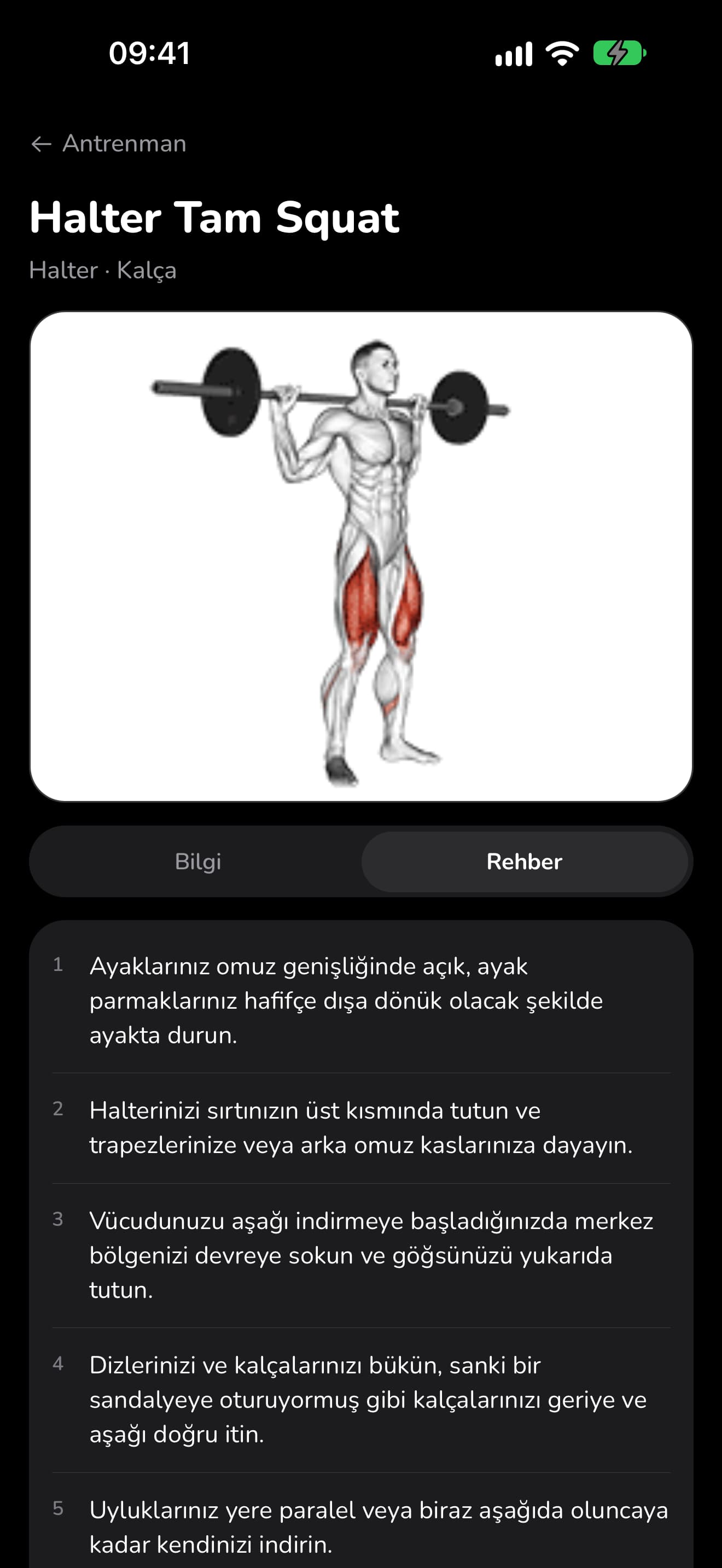 WaveFit'te Halter Tam Squat sayfası, animasyonu ve numaralı adımlarıyla.