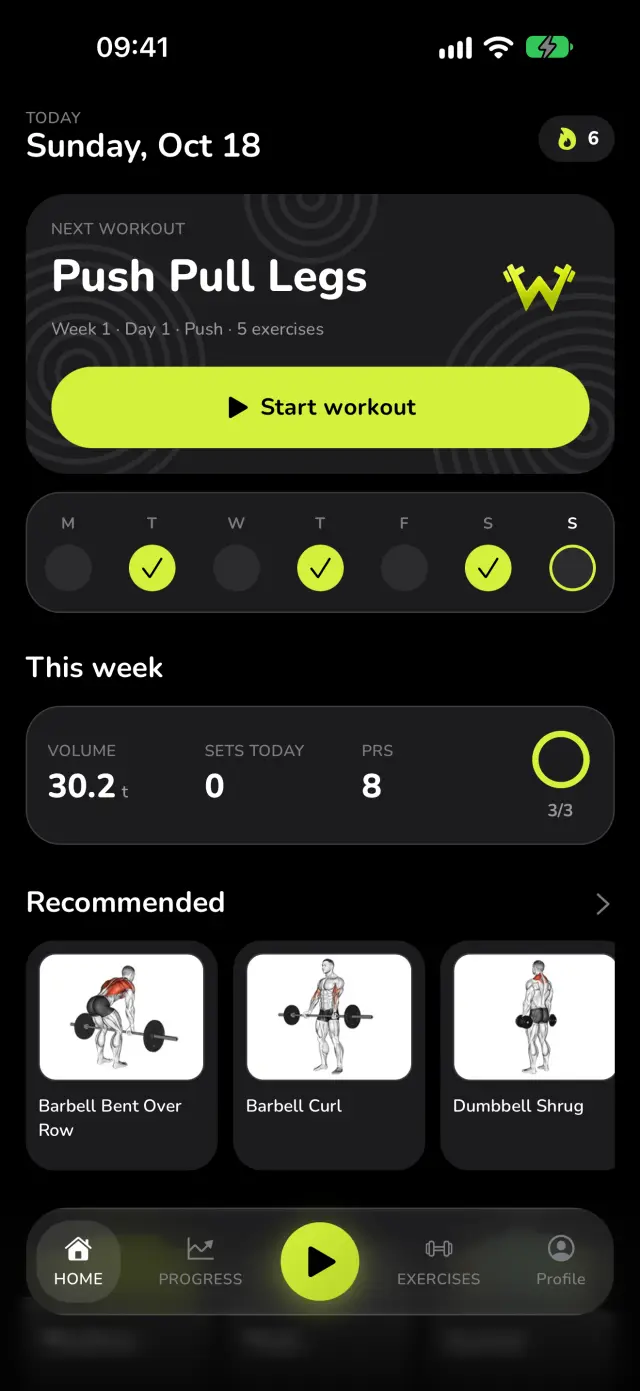 WaveFit's home screen: next workout Push Pull Legs, Week 1 · Day 1 · Push, the week's done days, 30.2 t of volume and 8 records this week, the weekly goal at 3 of 3, and recommended exercises.