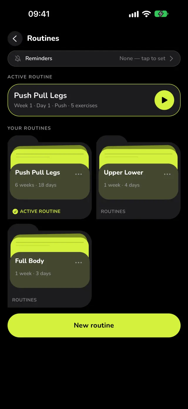 Routines in WaveFit: Push Pull Legs is the active routine, 6 weeks and 18 days, next to Upper Lower and Full Body.
