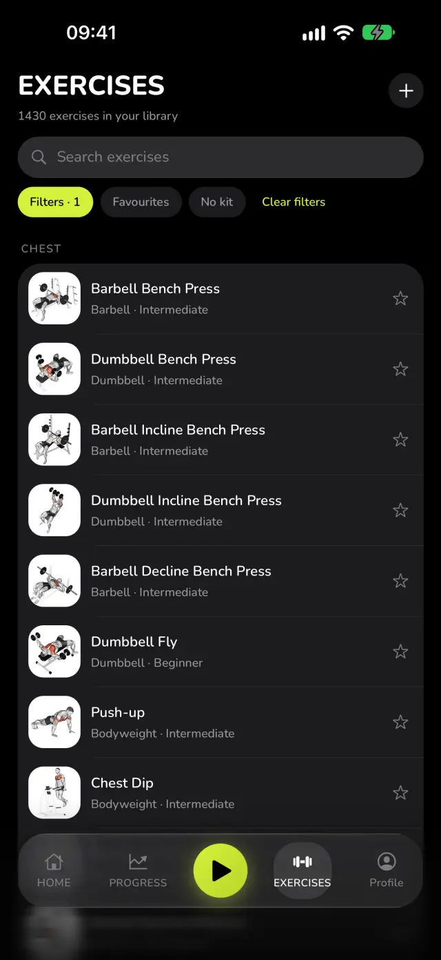 WaveFit's exercise library: 1,430 exercises, filters, and chest exercises with their illustrations.