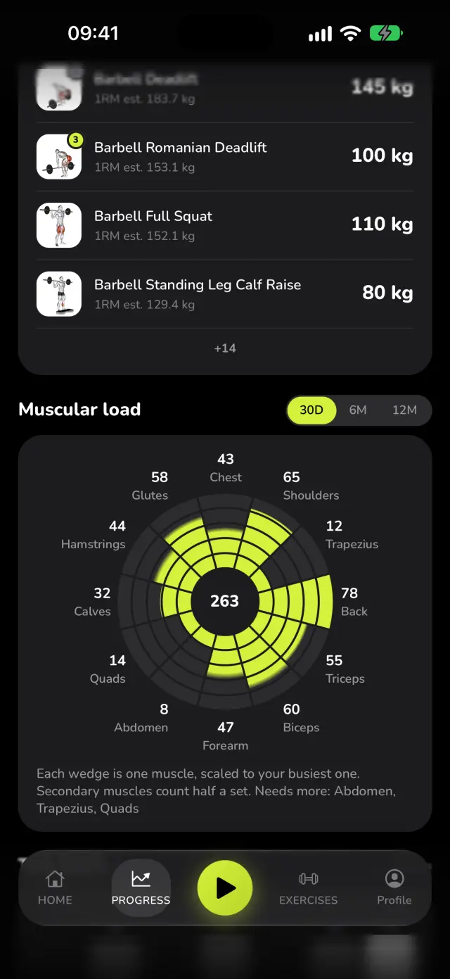 WaveFit's muscular load wheel: 263 sets in 30 days, by muscle. Needs more: abdomen, trapezius, quads.