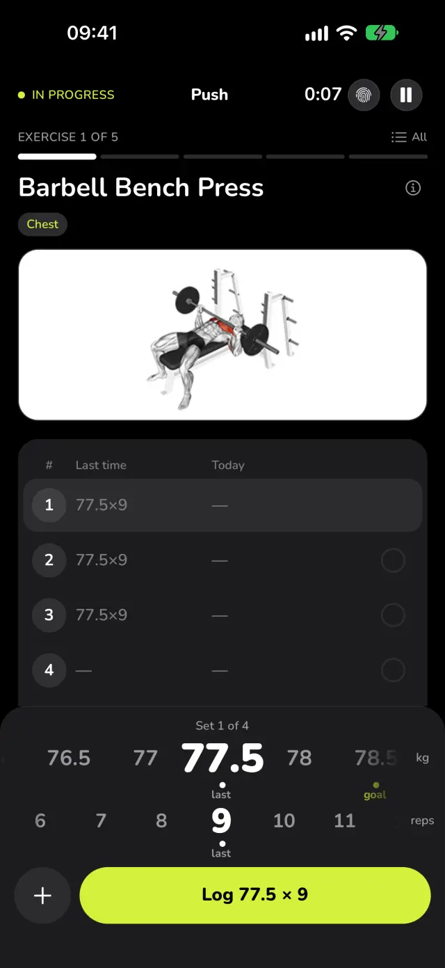 The first set of the bench press in WaveFit: last time's sets beside today's, and the weight and reps dials marking last time and the goal.