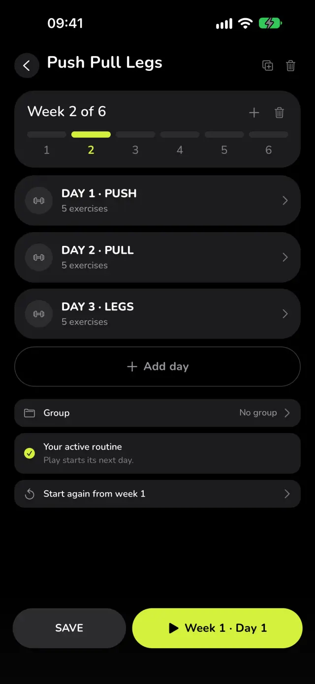 WaveFit's routine editor: Push Pull Legs, week 2 of 6, with its Push, Pull and Legs days.