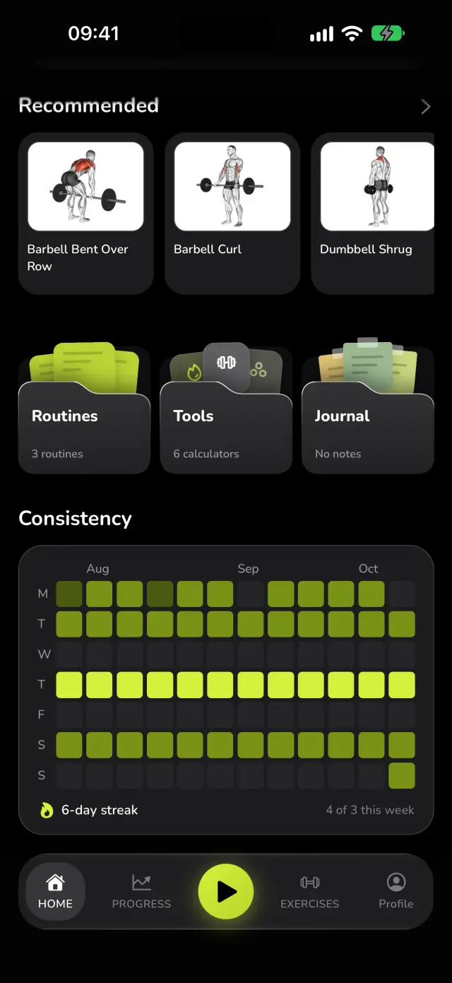 WaveFit's home screen: the consistency heatmap from August to October, a 6-day streak, and 4 of 3 workouts this week.