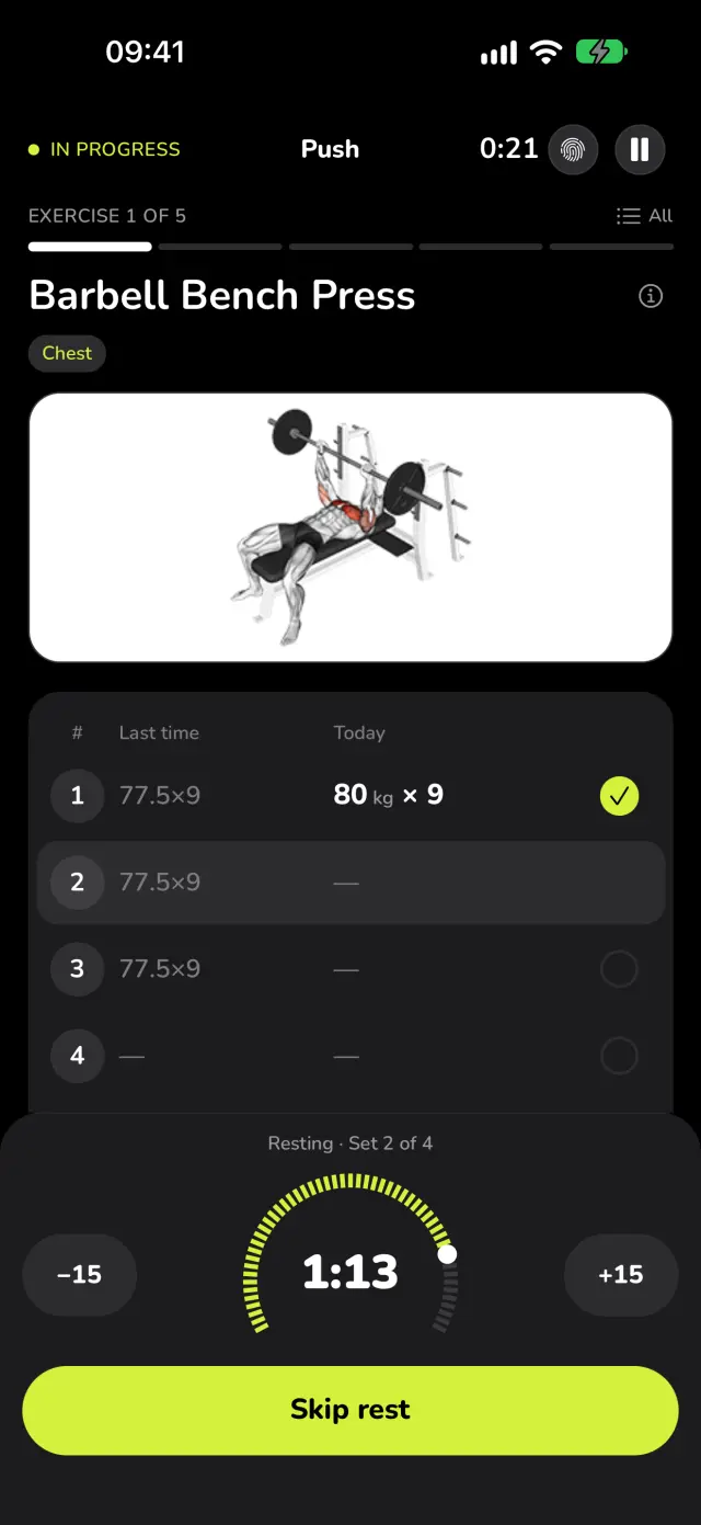 WaveFit's rest timer counting down after a set of 80 kg × 9.