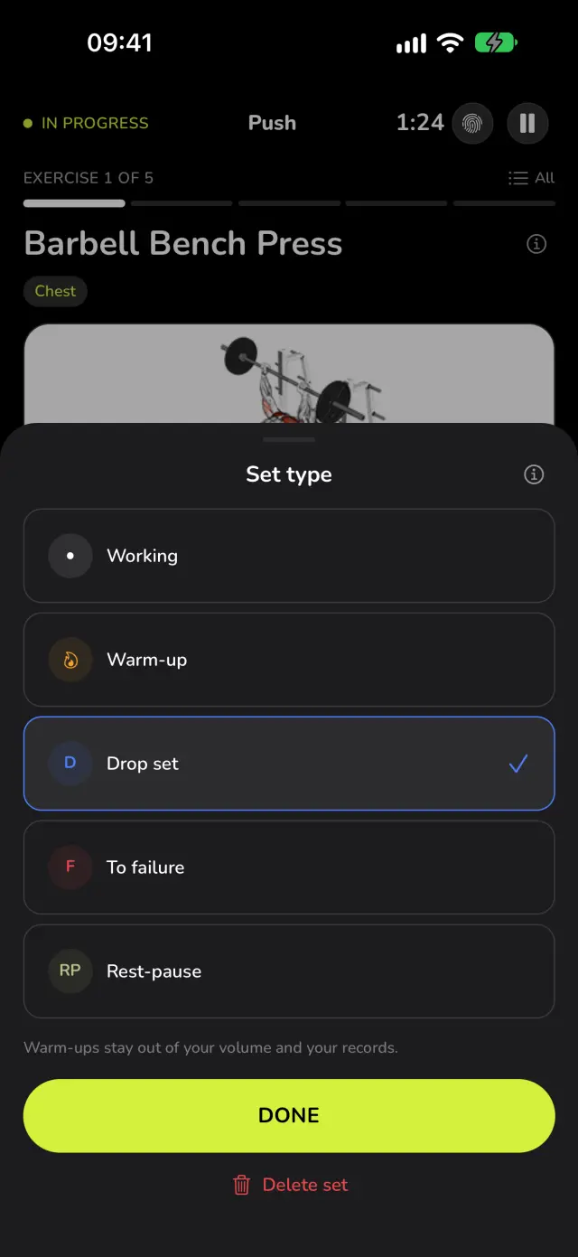 Set types in WaveFit: working, warm-up, drop set, to failure and rest-pause.