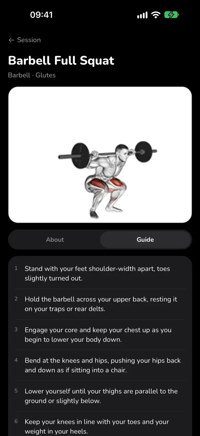 The Barbell Full Squat page in WaveFit, with its animation and numbered steps.