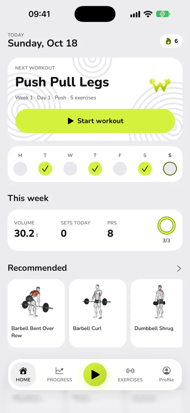 WaveFit's home screen: next workout Push Pull Legs, Week 1 · Day 1 · Push, the week's done days, 30.2 t of volume and 8 records this week, the weekly goal at 3 of 3, and recommended exercises.