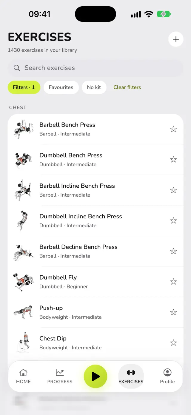 WaveFit's exercise library: 1,430 exercises, filters, and chest exercises with their illustrations.