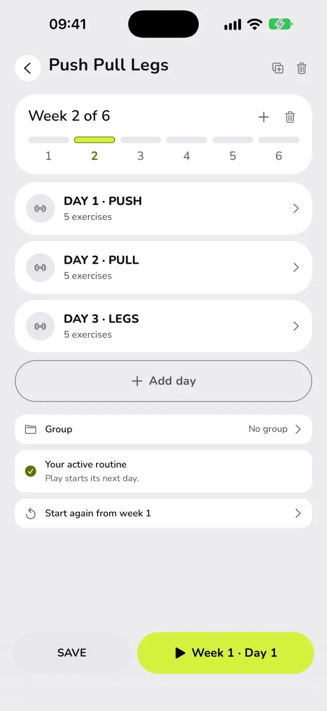 WaveFit's routine editor: Push Pull Legs, week 2 of 6, with its Push, Pull and Legs days.