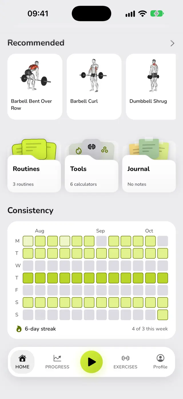 WaveFit's home screen: the consistency heatmap from August to October, a 6-day streak, and 4 of 3 workouts this week.