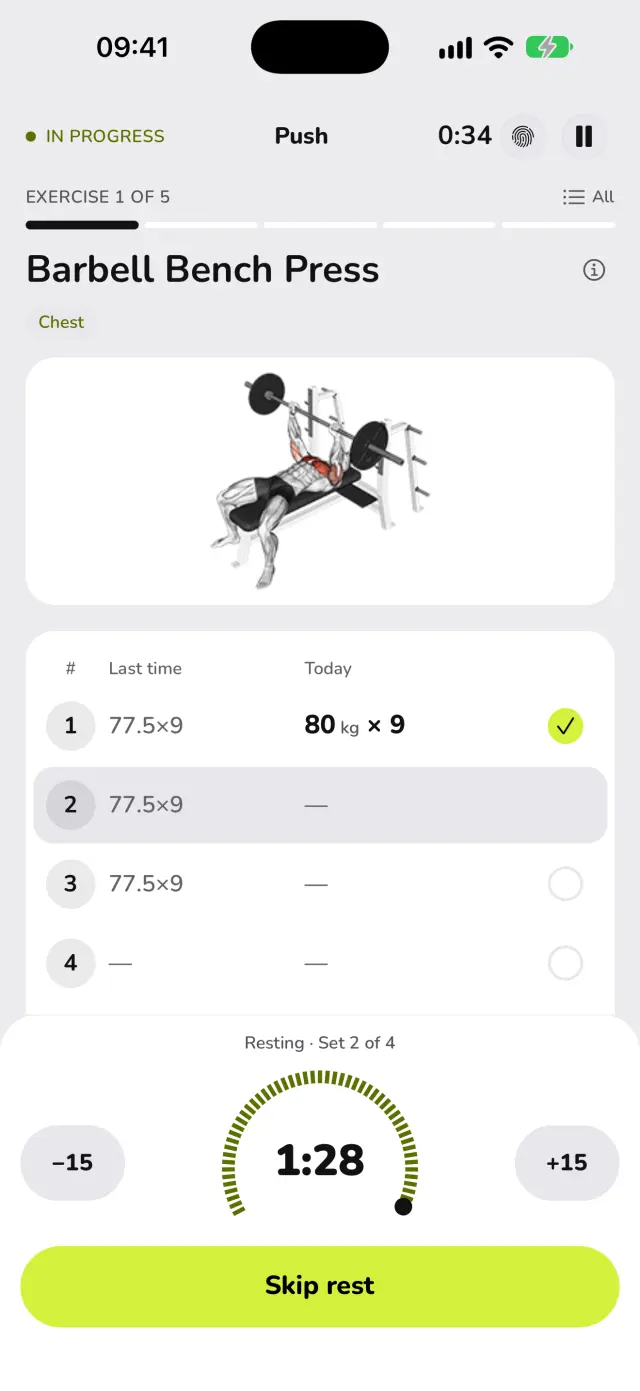 WaveFit's rest timer counting down after a set of 80 kg × 9.
