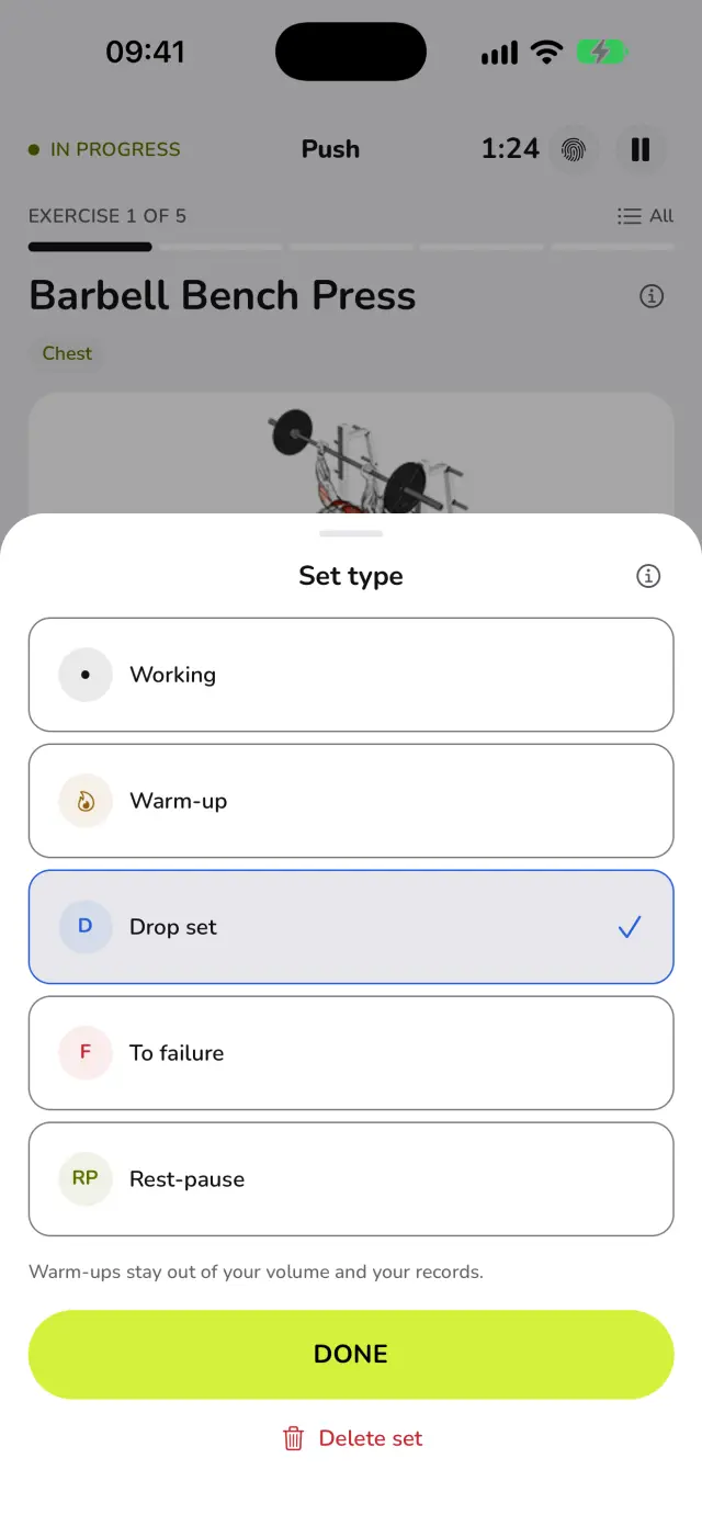 Set types in WaveFit: working, warm-up, drop set, to failure and rest-pause.