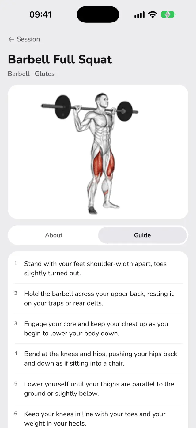The Barbell Full Squat page in WaveFit, with its animation and numbered steps.