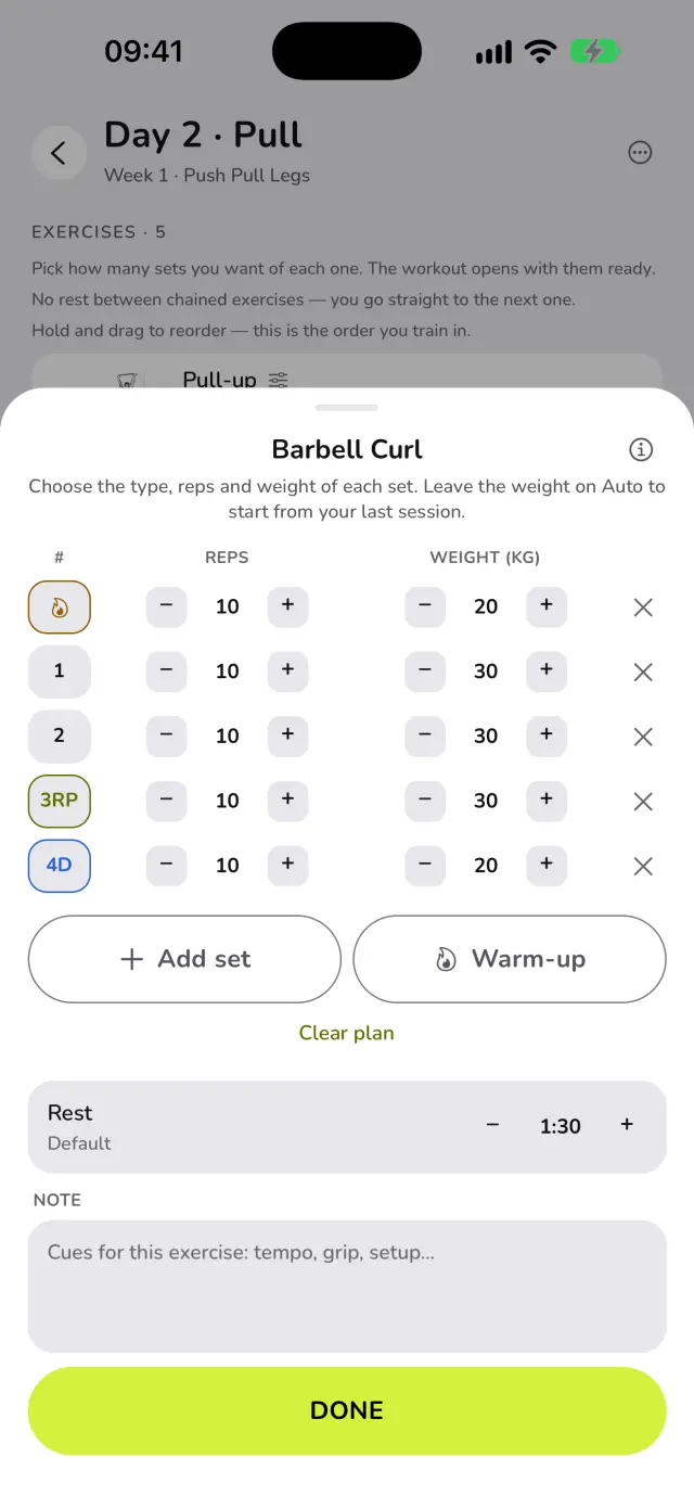 Planned sets for the Barbell Curl in WaveFit: a warm-up, two working sets, a rest-pause and a drop set, each with its reps and weight.